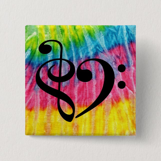 Bóton Quadrado 5.08cm Treble Clef Bass Clef Music Heart Rainbow Tie-Dye (Frente)