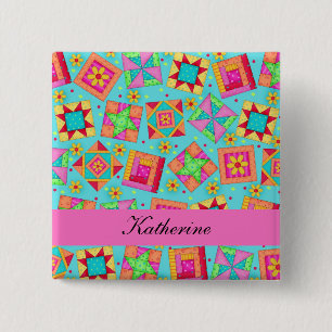 Bóton Quadrado 5.08cm Turquoise Blue Patchwork Quilt Blocks Name Crachá