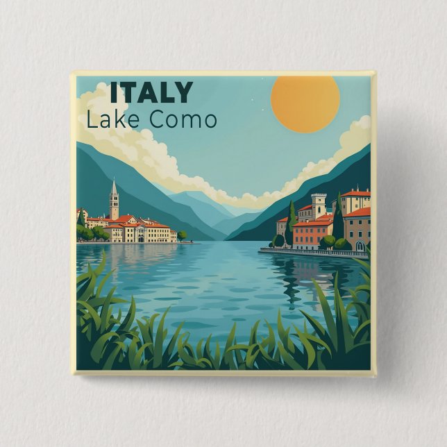 Bóton Quadrado 5.08cm Um Cartaz de Viagem Clássico Nostálgico – Lago Com (Frente)