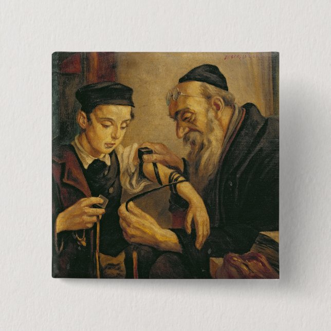 Bóton Quadrado 5.08cm Um rabino que amarra os Phylacteries ao braço de (Frente)