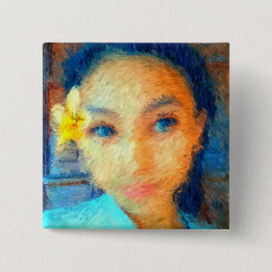 Bóton Quadrado 5.08cm Uma menina com flor do Plumeria - impressionista