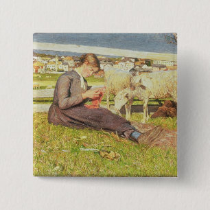 Bóton Quadrado 5.08cm Uma menina que faz malha, 1888 (óleo em canvas)