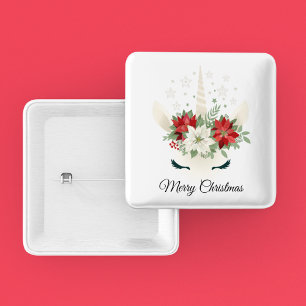 Bóton Quadrado 5.08cm Unicórnio de Natal Floral Feliz Natal