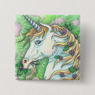 Bóton Quadrado 5.08cm UNICÓRNIO E VIOLETAS, Pin do BOTÃO do CAVALO da