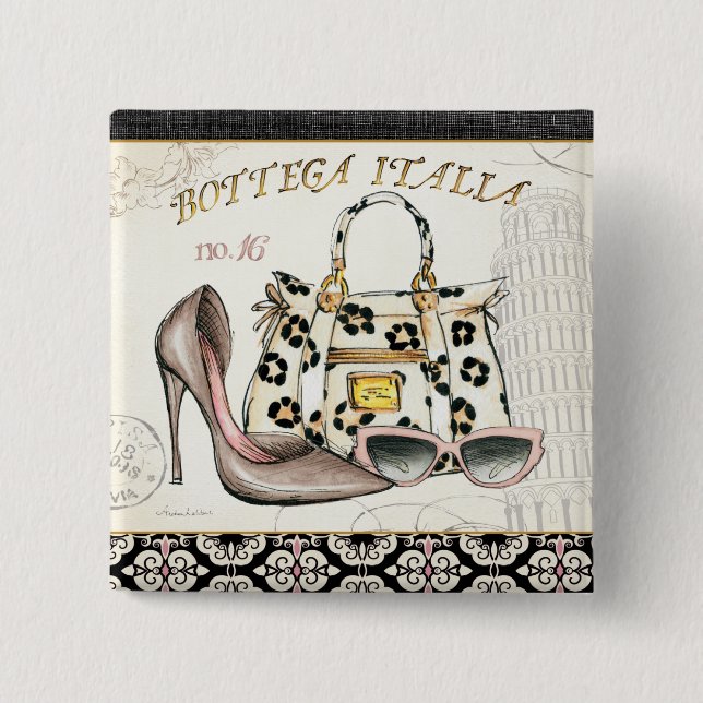 Bóton Quadrado 5.08cm Uns calçados, um saco, e um par de vidros (Frente)
