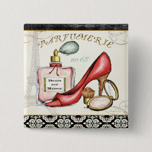 Bóton Quadrado 5.08cm Uns calçados vermelhos, uma garrafa do perfume, e
