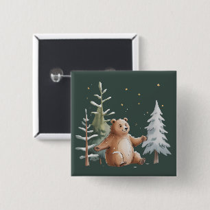 Bóton Quadrado 5.08cm Urso de Inverno Nevado Fofo Floresta de Inverno Ca