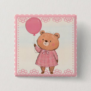 Bóton Quadrado 5.08cm Urso de Vestimento da Margem Rosa com Balão Rosa