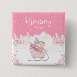 Bóton Quadrado 5.08cm Urso Invernal Pink Sleigh Mamãe Está Grávida