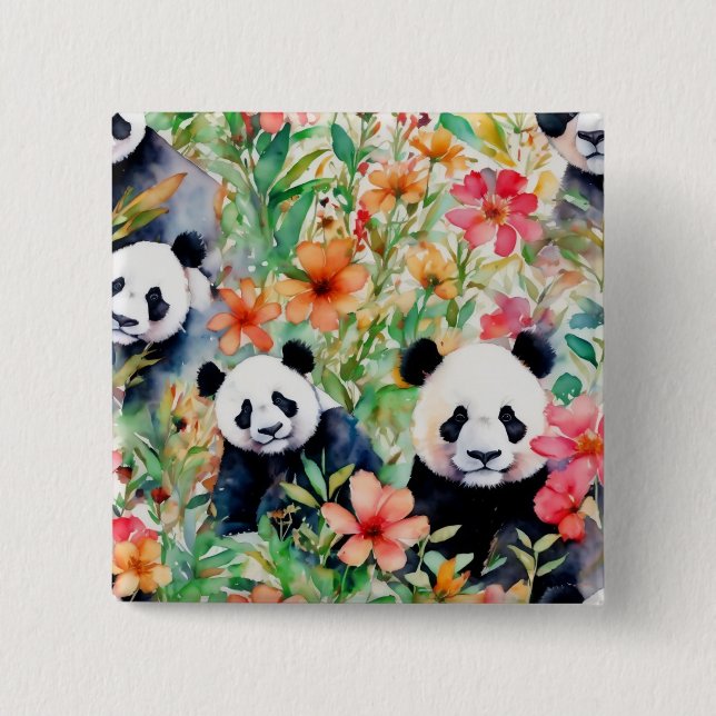Bóton Quadrado 5.08cm Urso Panda de Aquarela (Frente)