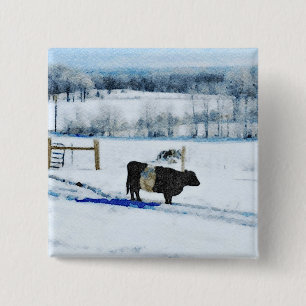 Bóton Quadrado 5.08cm Vaca Galloway Cinzenta Abaixo de Neve na Aquarela