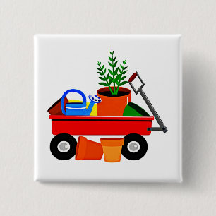 Bóton Quadrado 5.08cm Vagão vermelho com plantas & ferramentas de jardi