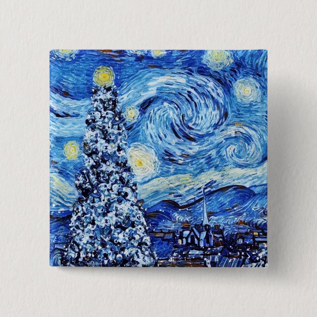 Bóton Quadrado 5.08cm Van Gogh - A Noite Estrelada - Natal Branco (Frente)