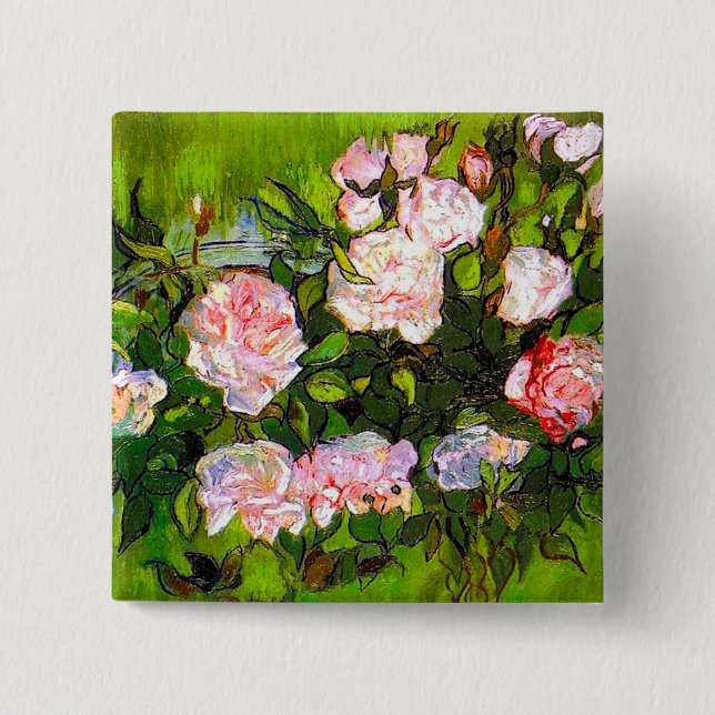 Bóton Quadrado 5.08cm Van Gogh ainda vive com rosas rosa (Frente)