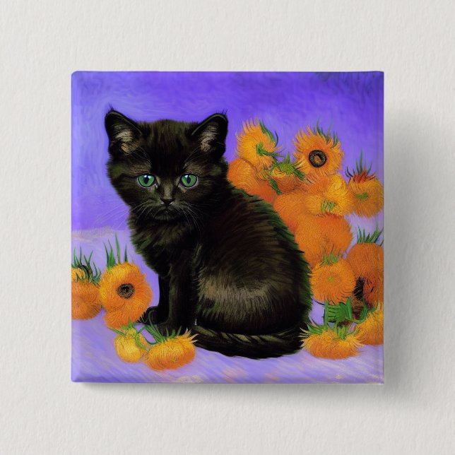 Bóton Quadrado 5.08cm Van Gogh Black Kitten com Girassóis (Frente)