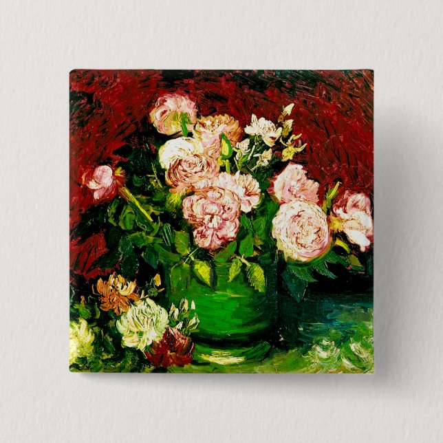 Bóton Quadrado 5.08cm Van Gogh Peonies e Rosas (Frente)