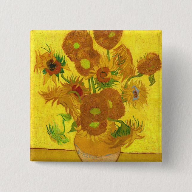 Bóton Quadrado 5.08cm Van Gogh Quinze Girassóis Em Uma Arte Bela Vaso (Frente)
