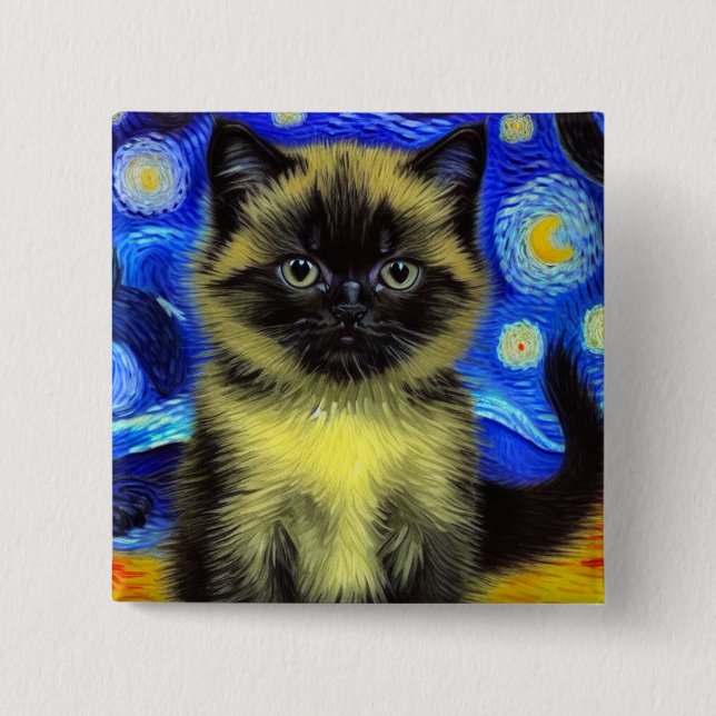 Bóton Quadrado 5.08cm Van Gogh Starry Night Siamese Cat (Frente)