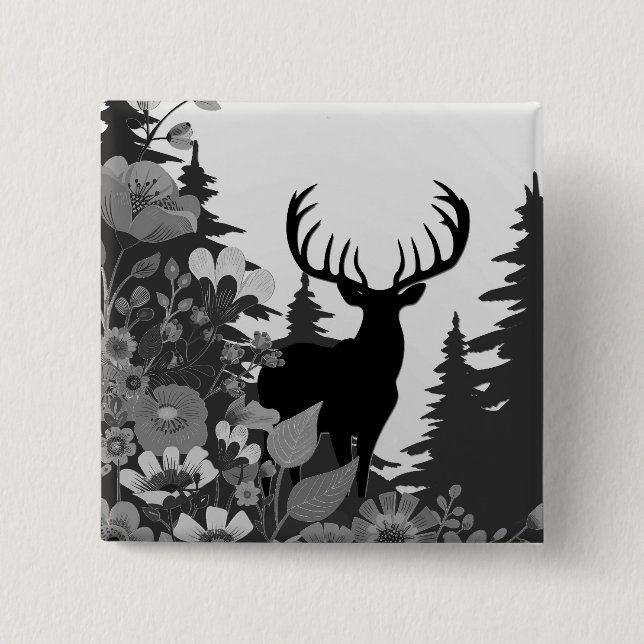 Bóton Quadrado 5.08cm Veado com Grande Rack Fora de Floresta (Frente)