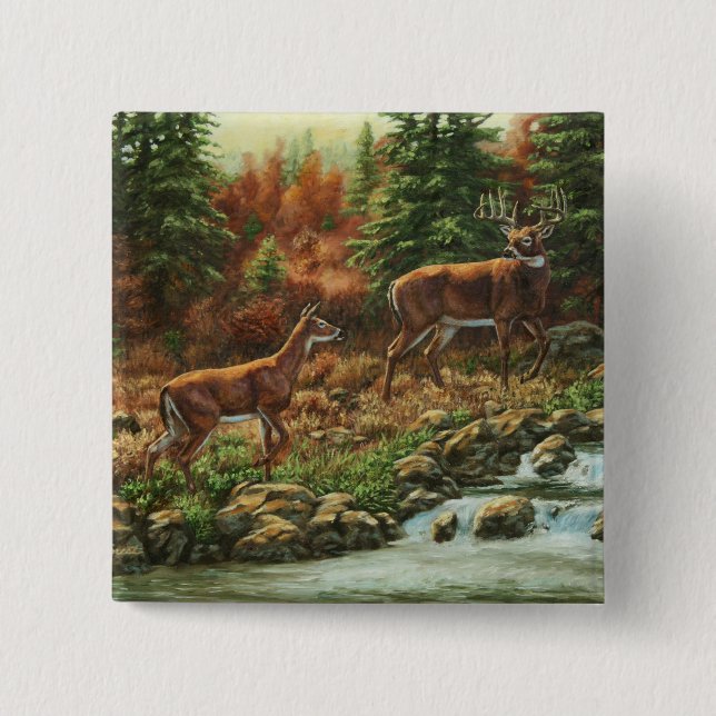 Bóton Quadrado 5.08cm Veado-de-Whitetail e Waterfall (Frente)