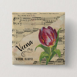 Bóton Quadrado 5.08cm Veena Tulip Vintage Sheet Music Personalizada