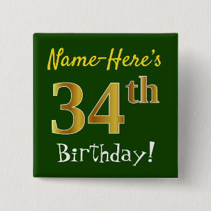 Bóton Quadrado 5.08cm Verde, Faux Dourado 34º Aniversário, com Nome Pe