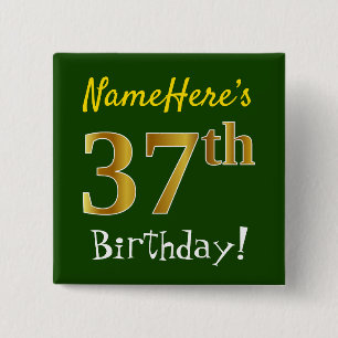 Bóton Quadrado 5.08cm Verde, Faux Dourado 37º Aniversário, Com Nome Pe