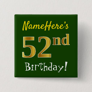 Bóton Quadrado 5.08cm Verde, Faux Dourado 52º Aniversário, Com Nome Pers