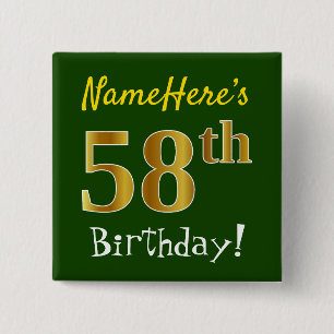Bóton Quadrado 5.08cm Verde, Faux Dourado 58º aniversário, com nome pe