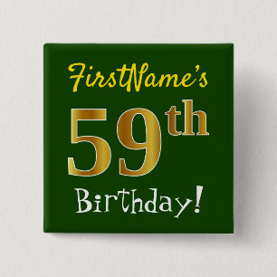 Bóton Quadrado 5.08cm Verde, Faux Dourado 59º aniversário, com nome pe