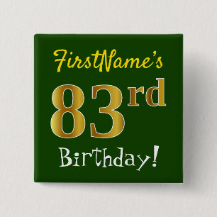 Bóton Quadrado 5.08cm Verde, Faux Dourado 83º Aniversário, Com Nome Pe