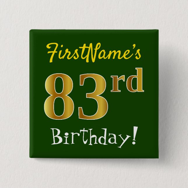Bóton Quadrado 5.08cm Verde, Faux Dourado 83º Aniversário, Com Nome Pers (Frente)