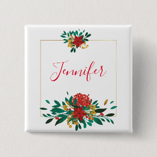 Bóton Quadrado 5.08cm Verde Vermelho Moderno e Dourado Natal Floral