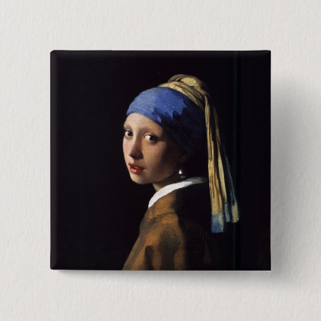 Bóton Quadrado 5.08cm Vermeer Girl Pearl Enarrando pintura de arte (Frente)