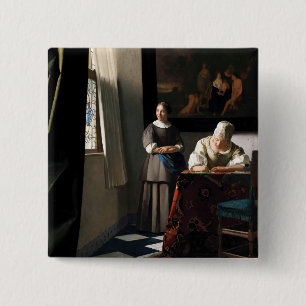 Bóton Quadrado 5.08cm Vermeer - Senhora Escrevendo uma carta com sua aju