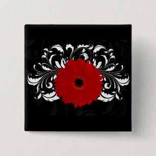 Bóton Quadrado 5.08cm Vermelho brilhante Gerbera Daisy em preto