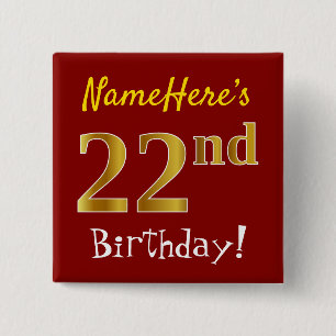 Bóton Quadrado 5.08cm Vermelho, Faux Dourado 22º Aniversário, Com Nome