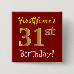 Bóton Quadrado 5.08cm Vermelho, Faux Dourado 31º Aniversário, Com Nome