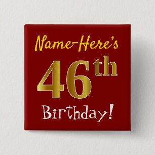 Bóton Quadrado 5.08cm Vermelho, Faux Dourado 46º aniversário, com nome