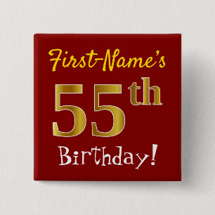 Bóton Quadrado 5.08cm Vermelho, Faux Dourado 55º aniversário, com nome