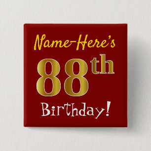 Bóton Quadrado 5.08cm Vermelho, Faux Dourado 88º aniversário, com nome p