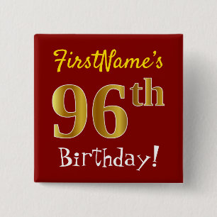 Bóton Quadrado 5.08cm Vermelho, Faux Dourado 96º aniversário, com nome p