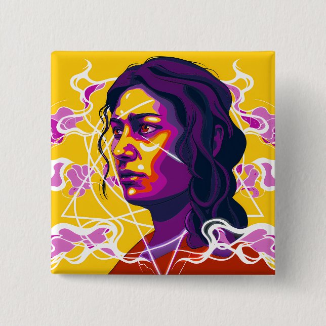Bóton Quadrado 5.08cm Vibrant Stylized Portrait with Abstract Elements (Frente)