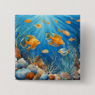 Bóton Quadrado 5.08cm Vida Marinha com Peixes Exóticos