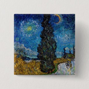 Bóton Quadrado 5.08cm Vincent van Gogh - Estrada com Cypress e Star