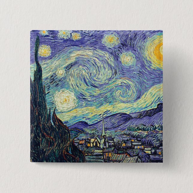 Bóton Quadrado 5.08cm Vincent Van Gogh Na Noite Estrelada (Frente)