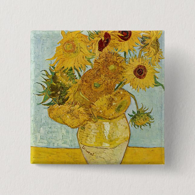 Bóton Quadrado 5.08cm Vincent Van Gogh - Vase com Doze Girassóis (Frente)