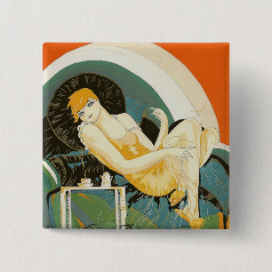 Bóton Quadrado 5.08cm Vintage Art Deco Mulher reformulando no sofá, Chom