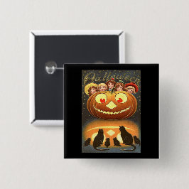 Bóton Quadrado 5.08cm Vintage Halloween Children, Jack o' Lanterna e Gat