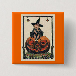 Bóton Quadrado 5.08cm Vintage Halloween Girl no Jack o'Lantern